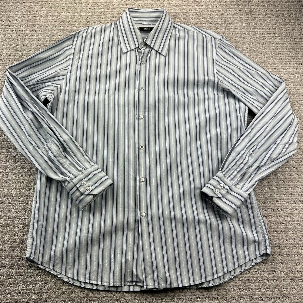 Hugo Boss Button Up Shirt Men Size 43 / 17 Blue Gray Striped Long Sleeve Preppy